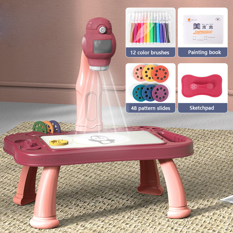 Drawing Projector Kids - ชุดโต๊ะวาดเขียนศิลปะโปรเจ็คเตอร์ LED สำหรับเด็กกระดานวาดภาพสำหรับเด็กโต๊ะงานฝีมือเพื่อการศึกษาเครื่องมือระบายสีเพื่อเป็นของขวัญสำหรับเด็กผู้หญิง